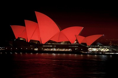 Sydney Opera House Sails turn Red to celebrate Chinese Lunar New Year 2013. Image used under licence from the Sydney Opera House Trust.