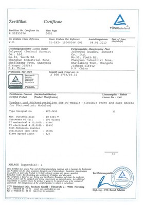 德國萊茵TUV向蘇州中來光伏新材股份有限公司頒發(fā)大中華區(qū)首張?zhí)柲鼙嘲遄C書