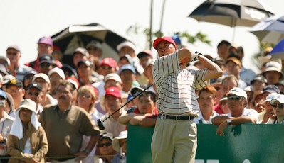 Legendary Chinese golfer Zhang Lian-wei tees-off at the inaugural edition of the Royal Trophy